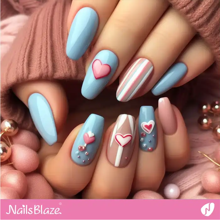 Embellished Blue Nails with Heart Candies | Valentine Nails - NB2284